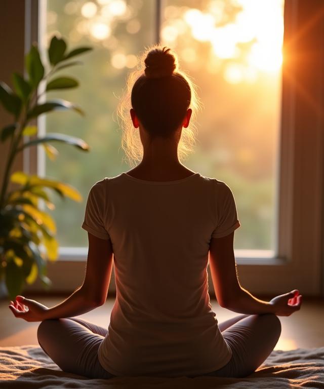 A person meditating calmly by a window with soft light.