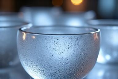 Close-up of crystal singing bowls for sound healing.